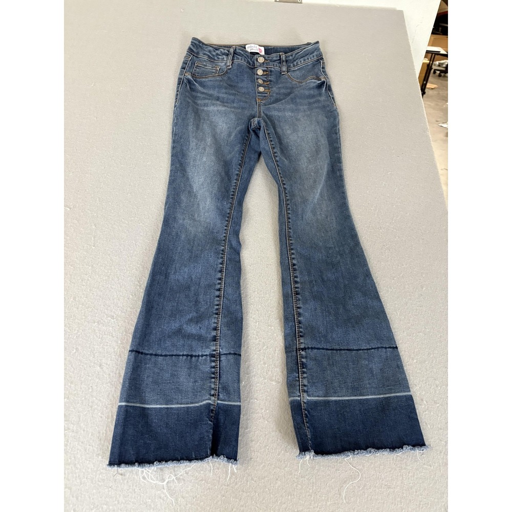 Colorful Planet Jeans Womens 12‎ Blue Flare Button Fly Raw Hem Patchwork Teen